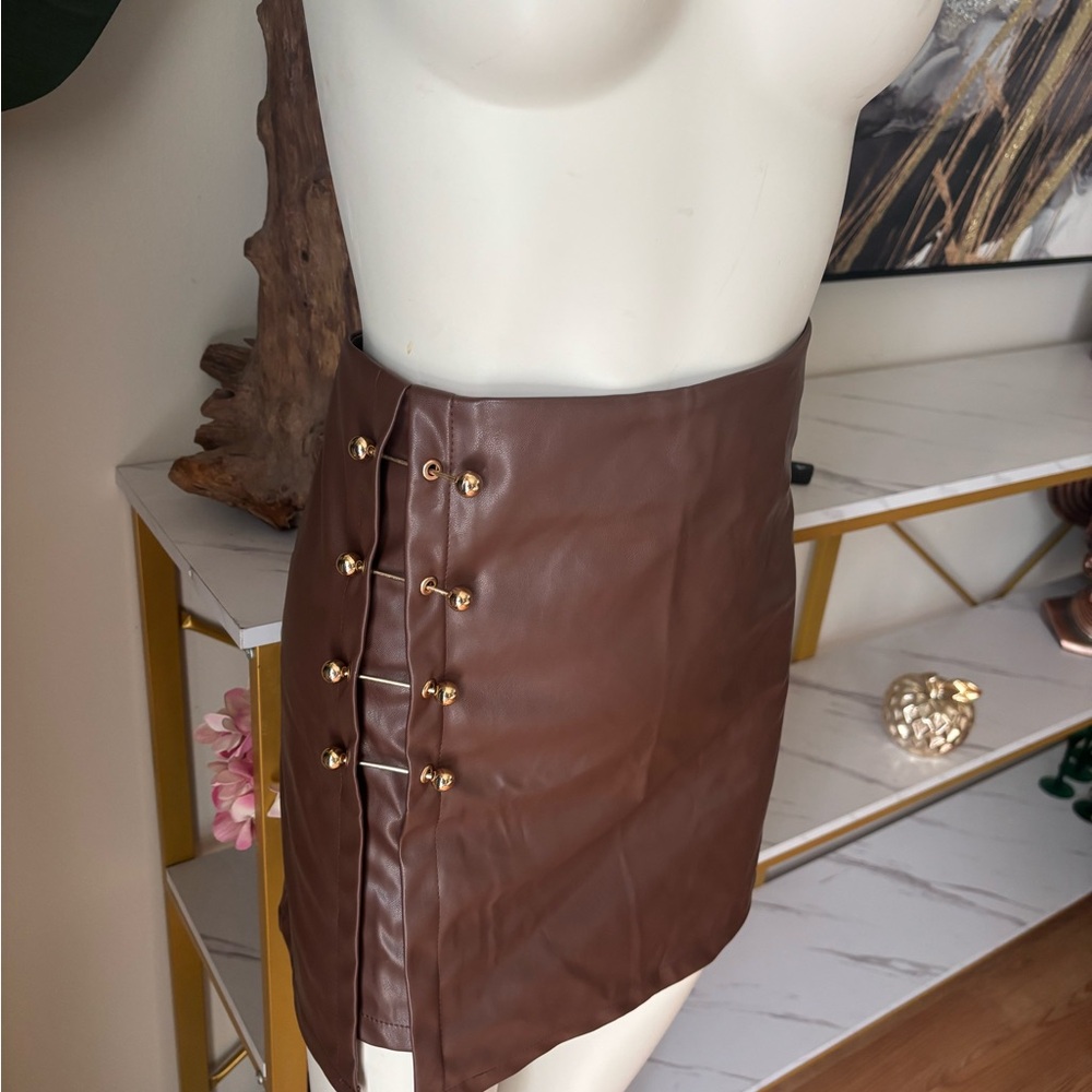 SHEIN Brown Faux Leather Mini Skirt with Gold Accent Buttons
